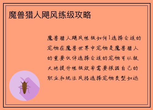 魔兽猎人飓风练级攻略