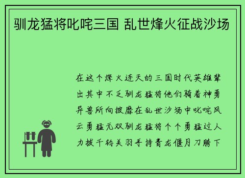 驯龙猛将叱咤三国 乱世烽火征战沙场