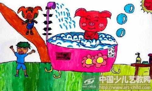 小动物洗澡过程（小动物洗澡儿童画图片）-图1